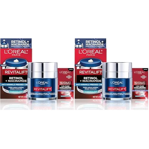 L'Oreal Paris Revitalift Pressed Night Cream,Retinol + Niacinamide,Reduces Wrinkles,Fragrance Free,1.7 oz + Serum Sample,(Pack of 2)