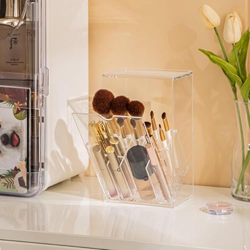 VORA Makeup Brush Holder, Clear Make Up Brush Holder Organizer with 17 Slots, Tilt Open Large Makeup Brush Holde with Lid, Acrylic Makeup Organizer for Vanity Decor Office Home