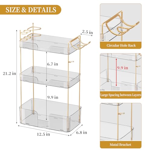 Bathroom Counter Organizer for Vanity, Makeup Organizer Countertop with Holder, Large Capacity Storage Rack, Perfect Large Skincare, Hair Care, Perfume, Easy to Install (Clear, 3Tiers)