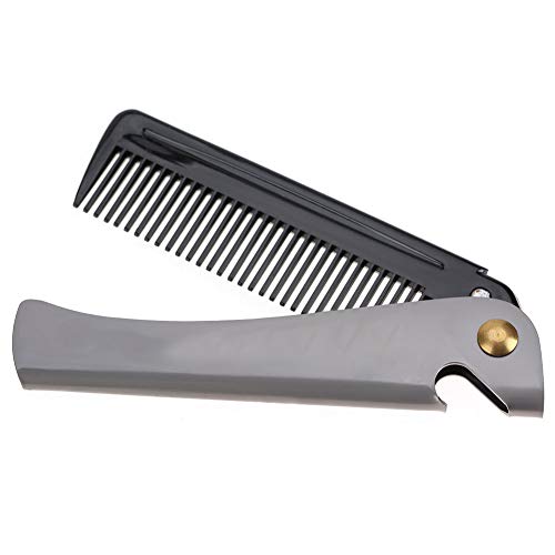 Pocket Folding Beard Comb Metal, Stainless Steel Moustache Comb with Smooth Round Teeth for Men Grooming and Beard Maintenance Tool (Black + Stainless Steel Plating)