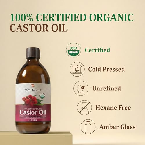 Organic Castor Oil Cold Pressed Unrefined, USDA Certified & Hexane Free, 100% Pure Ricinus Communis Oil for Hair, Scalp, Brows and Lashes in Amber Glass Bottle (8 oz)