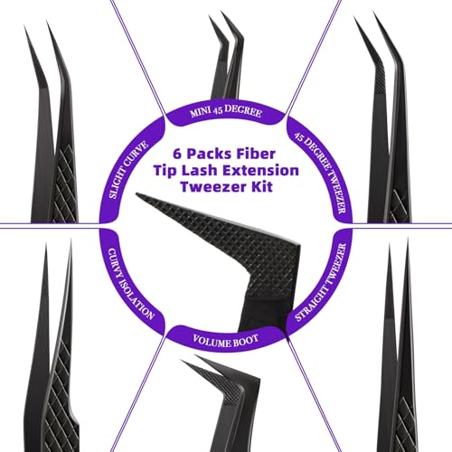 Fiber Tip Lash Tweezers for Eyelash Extension, High Precision Eyelash Tweezer Set with Diamond Grip, Lash Extension Tweezer Kit for Classic & Volume Lashes, Must-Have Tweezers for Lash Artists