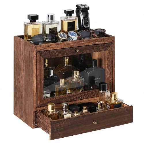 Cologne Organizer for Men,Nightstand Organizer,Cologne Shelf, Solid Wood Cologne Stand with Drawer Storage and Clear Window,Dresser Drawer Organizers,Perfume Stand Organizer,Brown