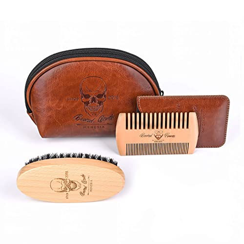 Beard Brush and Comb Set, Boar Bristle Hair Beard Brush Kit with Small Leather Travel Toiletry Bag Case for Men, Include Men's Wooden Mustache Comb
