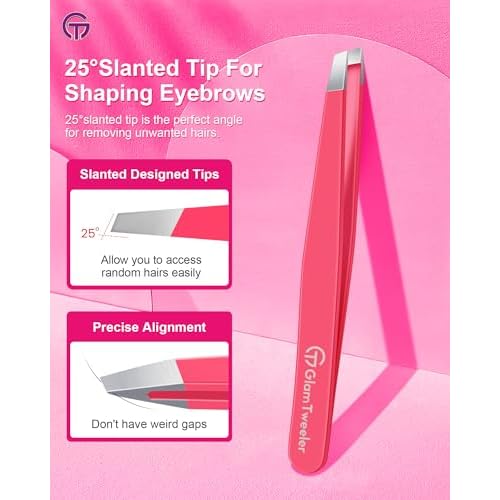 Expert Eyebrow Hair Removal Tweezer with Leather Case, GlamTweeler High Precision Slant Tip Stainless Steel Tweezers for Men and Women (Hot Pink)