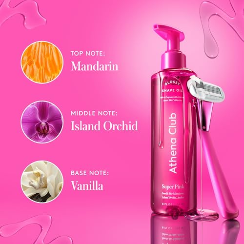 Athena Club Glossy Shave Oil for Women, Hydrating Pre-Shave Oil with Jojoba and Avocado Oils, Smooth Glide for Sensitive Skin, Super Pink Scent, 8 fl oz, Pack of 1 + 4 Razor Blade Refills