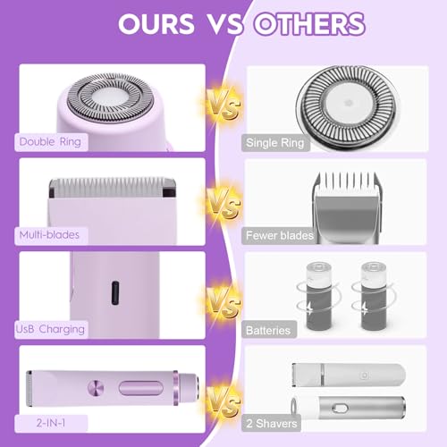 Dual Head Shaver 2 in 1 Bikini Trimmer for Women Electric Razors Lady Pubic Hair, LCD Display Bikini Underarm Arm Leg Face Body 2026 Upgraded Version- Purple