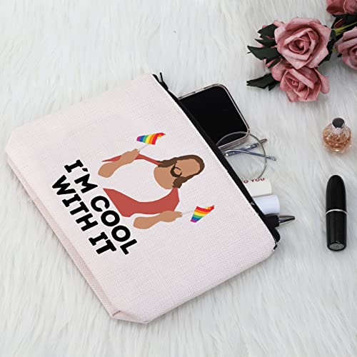 G2TUP LGBTQ Pride Gift Jesus I'm Cool With It Makeup Bag Gay Pride Rainbow Cosmetic Bag Travel Pouch with Zipper Support LGBT Gift (Cool With It White Bag)