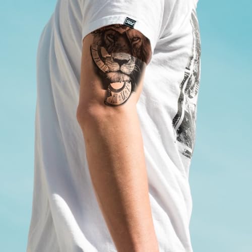 2 Sheets Realistic Animal Temporary Tattoos Stickers Black Clock Lion Designs For Men Waterproof Arm Leg Fake Body Art, Gym & Parties Bold Masculine Decals