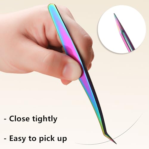 2 Pairs Rainbow Stainless Steel Curved Pointed Craft Tweezers with 2 Leather Bags for DIY Crafts, Precision Micro Tweezers for Eyelash Extensions, Electronics, and Laboratory Works