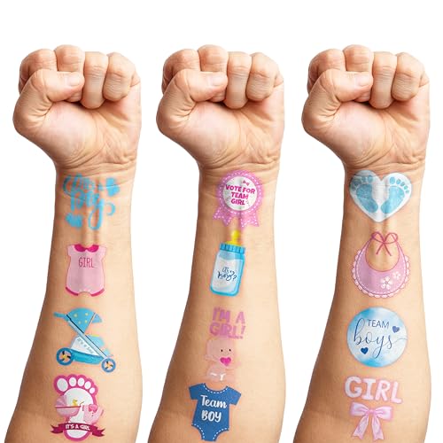 100 PCS Gender Reveal Temporary Tattoos Themed Birthday Party Decorations Favors Supplies Decor Baby Boy Or Girl Pink And Blue Tattoo Stickers Gifts For Game Kids Boys Girls Classroom School Prizes
