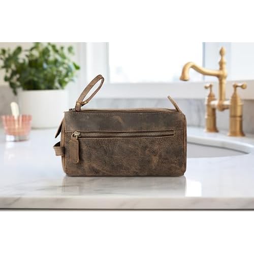 KomalC Premium Buffalo Leather Toiletry Bag for Men & Women With Water resistant Lining, Grooming Travel Pouch, Unisex Wash Bag for Toiletries, Gifts for Men and Women