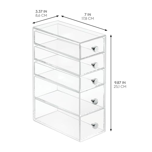 iDesign Stackable Makeup Organizer for Bathroom Countertop or Vanity-Set of 2-Clear Tower-5 Drawer M2