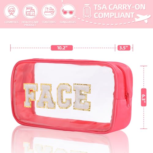 Antimbee Clear Makeup Bags with Chenille Letters, 4 Pack Preppy Cosmetic Pouch Zipper, Personalized Initial beauty case, Travel Toiletry vanity organizer for Women Girl (Hair, Face, Skin, Stuff)