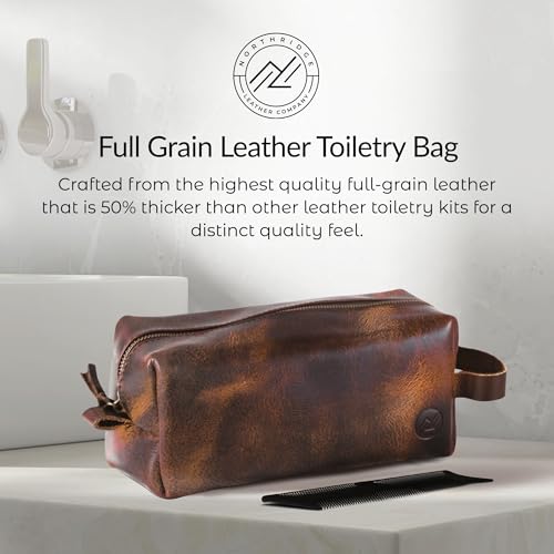 Premium Leather Toiletry Bag For Men - Travel Bag, Shaving Kit Bag & Toiletry Organizer - Full Grain Leather (Double Zip, Antique)
