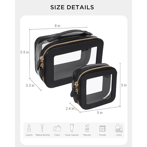 Clear Makeup Bag Set, Small Portable Clear Makeup Bag Cute Waterproof Travel Cosmetic Bag Makeup Pouch TSA Approved Toiletry Bag Women Traveling Car Organizer Car Essentials (Black, Standard + Mini)