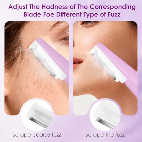 Smooth Dermaplane Razor for Women Facial Peach Fuzz Remove - Facial Hair Removal Kit with 12 Blades, 3 Speeds & LED Light