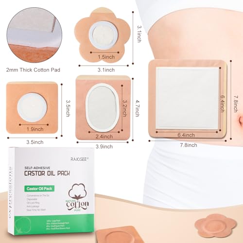 32Pcs Castor Oil Pack Patches Set for Waist Stomach Belly, Highly Absorbent Self-Adhesive Organic Cotton Pads, Leak Free, Portable Disposable for Daily Travel