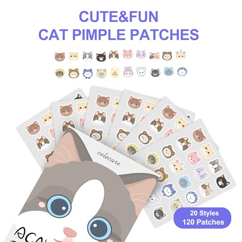 Cat Pimple Patches,Cute Pimple Patches,Acne Patches for Face, Cute Stickers,Salicylic Acid & Tea Tree, 120 Hydrocolloid Dots in 20 Colors for Face,Cute Cat Pimple Stickers