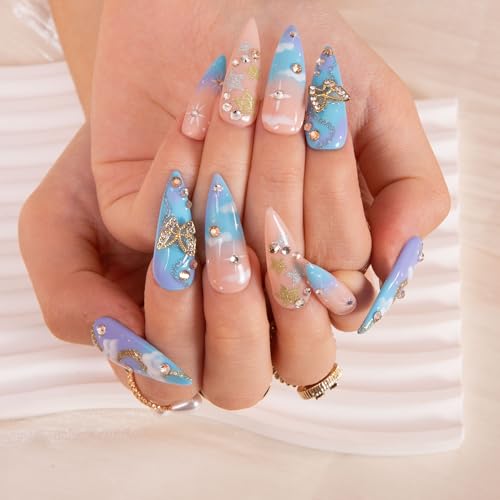 LOVFUL Press on Nails Dreamland | Handmade with Full Covered Crystals | Reusable Full Cover Nails | Stiletto Classic Regular 1.3 in | H350-M