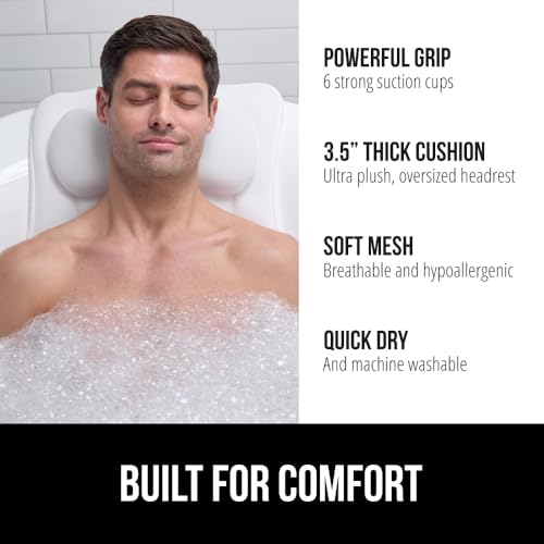 GORILLA GRIP Bath Pillow for Tub, Strong Suction Cups, Headrest with Mesh FlexComfort Technology, Neck, Head and Back Support, Luxury Machine Wash Bathtub Pillows, Spa Essential Accessories, White
