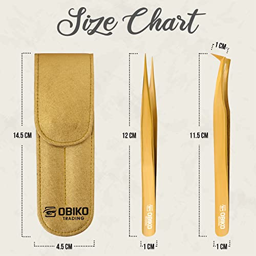 Obiko Eyelash Extension Tweezers Set 2 Piece Golden Straight And Curved Lash Tweezer Set For Women,Ideal For Precise Application And Correction