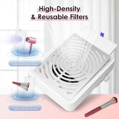 Nail Dust Collector with Lamp&50pcs Disposable Filter&Dusting Brush, Electric Nail Vacuum Cleaner Dust Fan Suction Machine for Manicure Acrylic Gel Nails Polishing, Low Noise,Salon Home