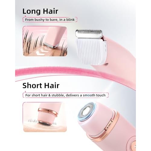 Bikini Trimmer for Women: Painless Body Hair Electric Razor - Dual Head All in 1 Versatile Shaver for Pubic Area, Leg and Face, Cordless and IPX7 Waterproof for Daily Personal Use, Pink