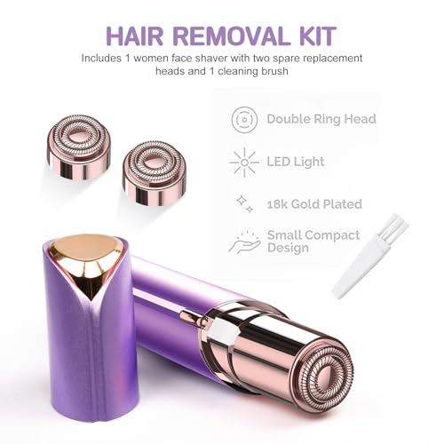 Women Facial Hair Removal Device Battery Operated with 2 Replacement Heads, Painless Womens Face Shaver for Chin Upper Lips Peach Fuzz