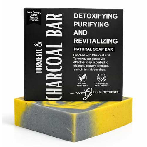 Turmeric Charcoal Bar ? Natural Face & Body Soap for Acne, Dark Spots & Detox | Even Skin Tone | Deep Cleansing | Handmade, Organic, Vegan with Activated Charcoal & Turmeric (1)
