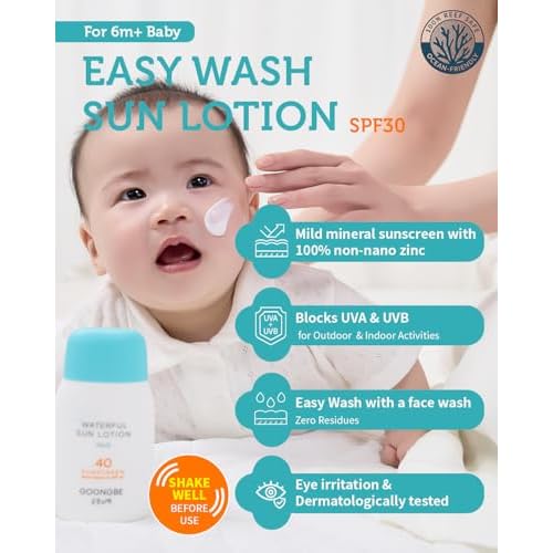 GOONGBE Baby Easy Wash Sun Lotion SPF 30 - Korean Moisturizing Zinc Oxide Mineral Sunscreen for Babies and Kids - Washes Off Easily - Vegan, Reef-Safe, Allergen-Free, 2.11 fl.oz.