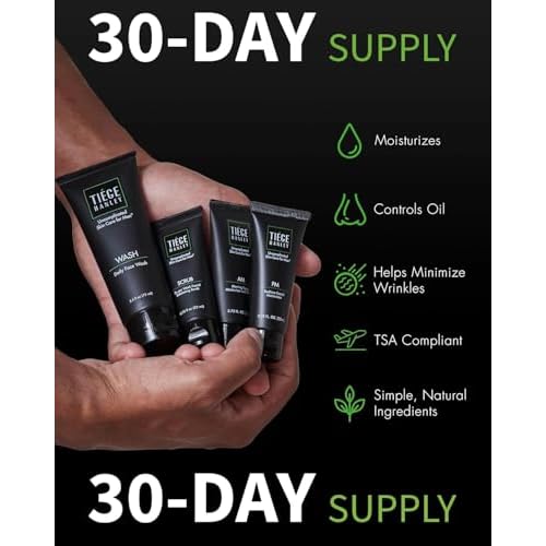 Tiege Hanley Skin Care Set for Men, Essential Routine, System Level 1, Daily Face Wash, Facial Scrub, Moisturizer With SPF, and Night Cream for Healthy, Hydrated Skin, Men¡¯s Skin Care, 4 Piece Kit
