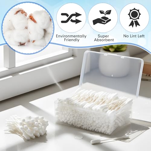 Lounsweer 400pcs Long Cotton Swabs with Storage Case 4'' Absorbent Double-Ended XL Cotton Buds with Large and Small Round Head Swabs for Dog Ear Cleaning, Gun Maintenance, Makeup, Pet Care