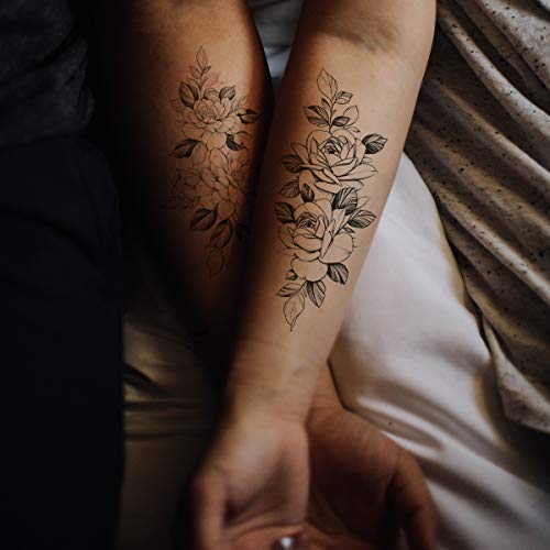 10 Sheets Waterproof Temporary Tattoo Stickers 3D Black Branch Rose Peony Flower Girls Blossom Waterproof Arm Leaf Sexy Arm Chains Pattern Perfect for Parties, Events and More