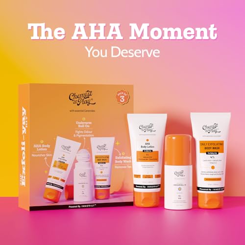 Chemist at Play Exfoliating Kit | Exfoliating Body Wash Removes Tan | Underarm Roll On Fights Odour & Brightens Underarm | AHA Body Lotion Nourishes Skin