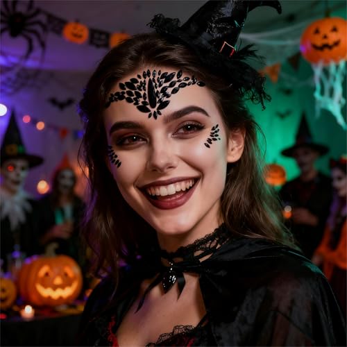 Black Face Jewels halloween face tattoo sticker self Adhesive Crystal Face Gems stick on Festival halloween makeup tattoos party decorations Body Glitter mermaid Eyebrow body jewels(Black)