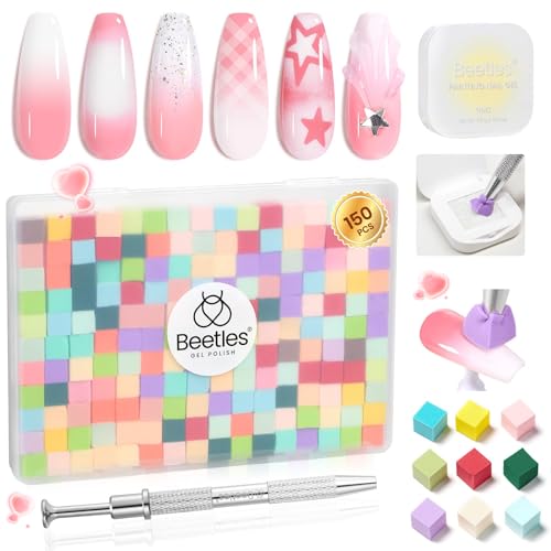Beetles 150Pcs Soft Nail Sponges for Ombre, Colorful Nail Sponge with Grabbing Pen, White Pat Painting Gel Polish Kit for Gradient Ombre Blush Chrome Design Nails Art Tools, Home DIY Salon Manicure