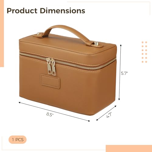 OMISTAR Makeup Vanity Bag for Women - Large Capacity Cosmetic Organizer with Removable Liner, Waterproof PU Leather Skincare Bag, Portable Chic Cosmetic Make Up Case for Skincare, Accessories, Brown