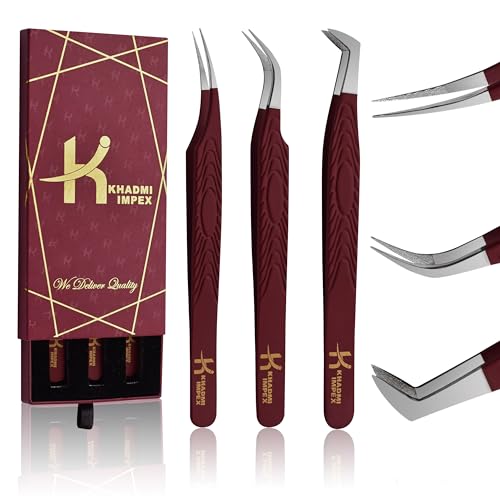 Eyelash Extension Tweezers, KHADMI IMPEX Fiber Tip Lash Tweezers - Set of 3 Eyelash Tweezers - Straight and Curved And Volume Eye Lash Tweezers for Extensions (Maroon)