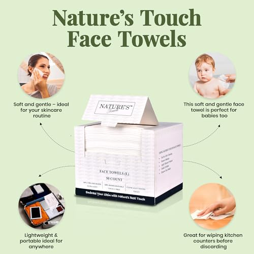Nature¡¯s Touch Face Towels, Biodegradable Viscose, 100% USDA Biobased, Disposable Face Towelette, Ultra Soft, Vegan, OEKO-TEX Certified, Travel, Skincare, Beauty Routine Use, 10"x12", Pack of 1, 50 Ct