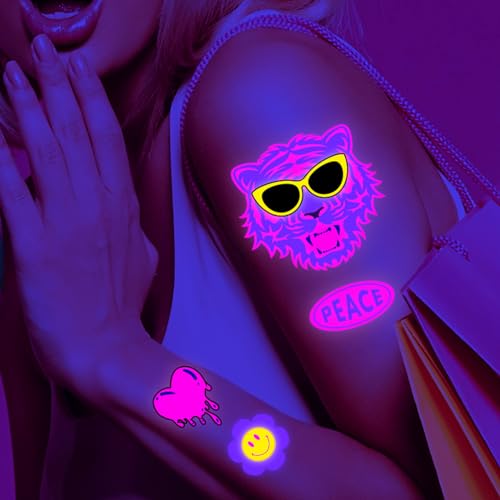 4 Sheets Glow in The Dark Temporary Tattoos for Kids Adults Waterproof Neon UV Blacklight Body Face Flash Fake Tattoo Stickers Rave Party Supplies (Multicolor-3)