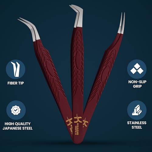 Eyelash Extension Tweezers, KHADMI IMPEX Fiber Tip Lash Tweezers - Set of 3 Eyelash Tweezers - Straight and Curved And Volume Eye Lash Tweezers for Extensions (Maroon)