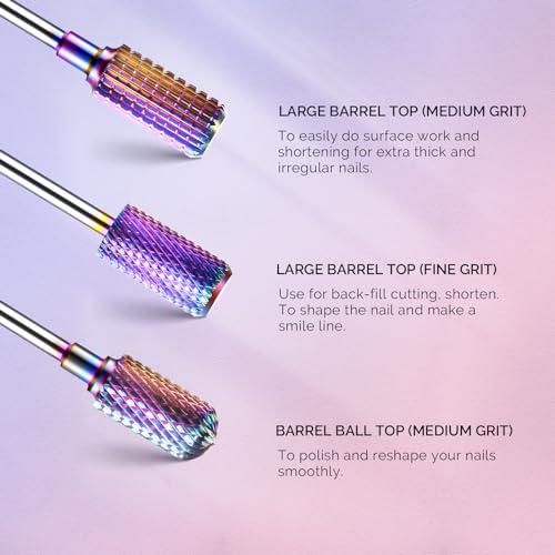 MelodySusie Nail Drill Bits Set, 7pcs Tungsten Carbide Diamond Nail Drill Bits for Acrylic Nails Poly Gel Cuticle Remove, 3/32'' Professional Nail Bits for Nail Drill Efile (A-Colorful)
