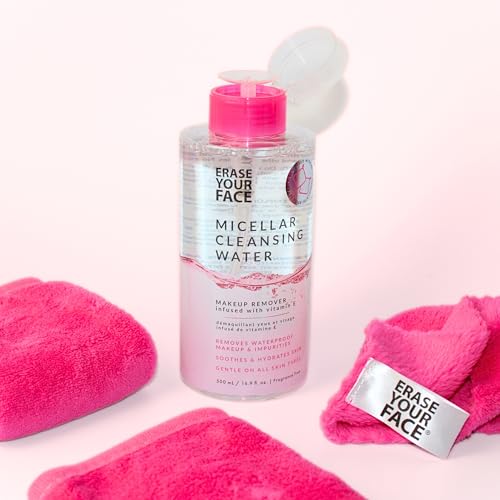 ERASE YOUR FACE Micellar Cleansing Water - Hydrating Micellar Water to Help Remove Makeup, Cleanse Skin & Reveal a Soft, Radiant Complexion - Suitable for Sensitive Skin (16.9 Fl Oz)