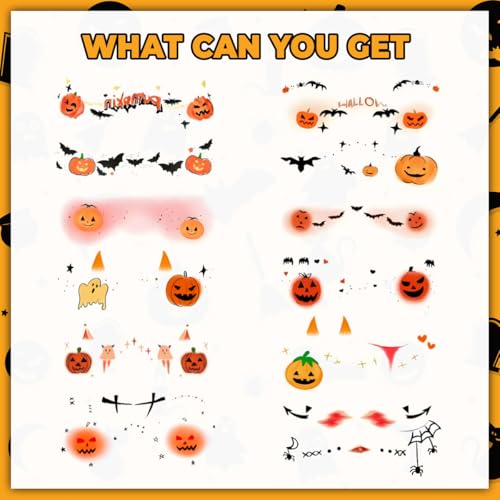 Halloween Freckles Face Tattoo, 12PCS Ghost Pumpkin Spider Bat Kids Temporary Tattoos, Women's Face Stickers for Day of the Dead, Halloween, Party Makeup