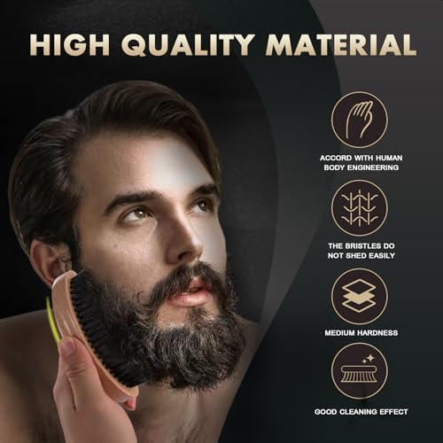Boar Bristle Beard Brush for Men - Wooden Beard Brush and Comb Set with Beard Scissors, Pocket Travel Men's Wooden Mustache Brush for Beard Care