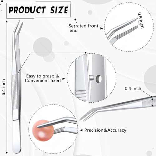 Honoson 6 Pcs Stainless Steel Tweezers for Crafting with Curved Serrated Tip Multipurpose Forceps Sewing Machine Tweezers Bulk (Silver)