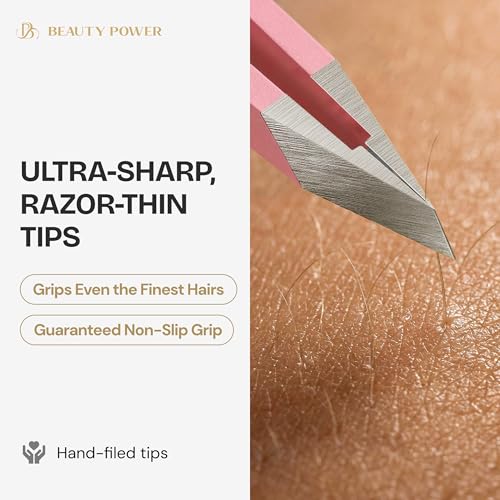 Professional Tweezers in Case - Slant, Durable Lightweight German Stainless Steel, Ultra Precision Tweezers for Eyebrows, Facial Hair, Chin, and Ingrown Hair Removal - Gift Idea - Pink