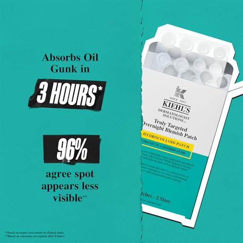 Kiehl's Overnight Pimple Patches - Truly Targeted Invisible Hydrocolloid Blemish Patch, Absorbs Oil and Gunk, Treatment for Whiteheads and Zits, Shrinks Breakouts (22 Count)