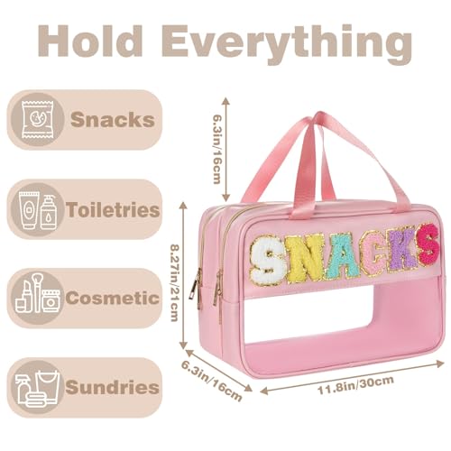 Snack Bags for Travel Varsity Letter Pouch Clear Toiletry Bag Snacks Bag Pouch, Preppy Clear Cosmetic Bag, Large Travel Bags for Women